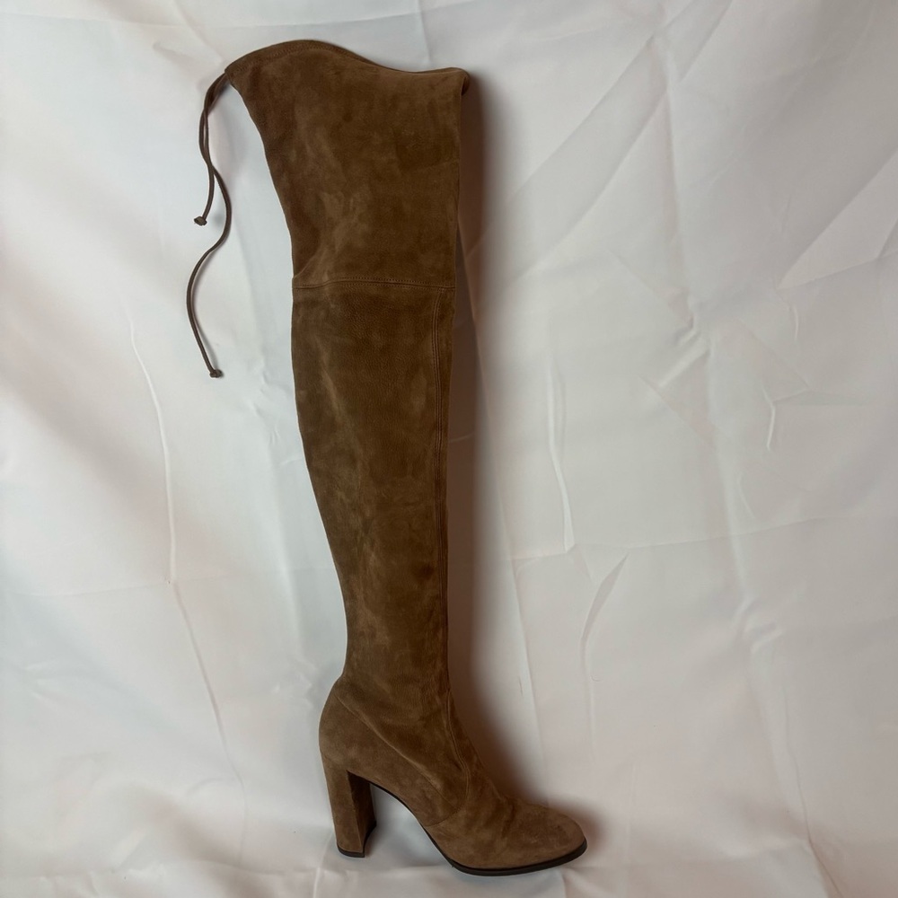 Stuart Weitzman Highland Taupe Suede Over  Knee Boots Thigh High 4” Heel  Sz 9